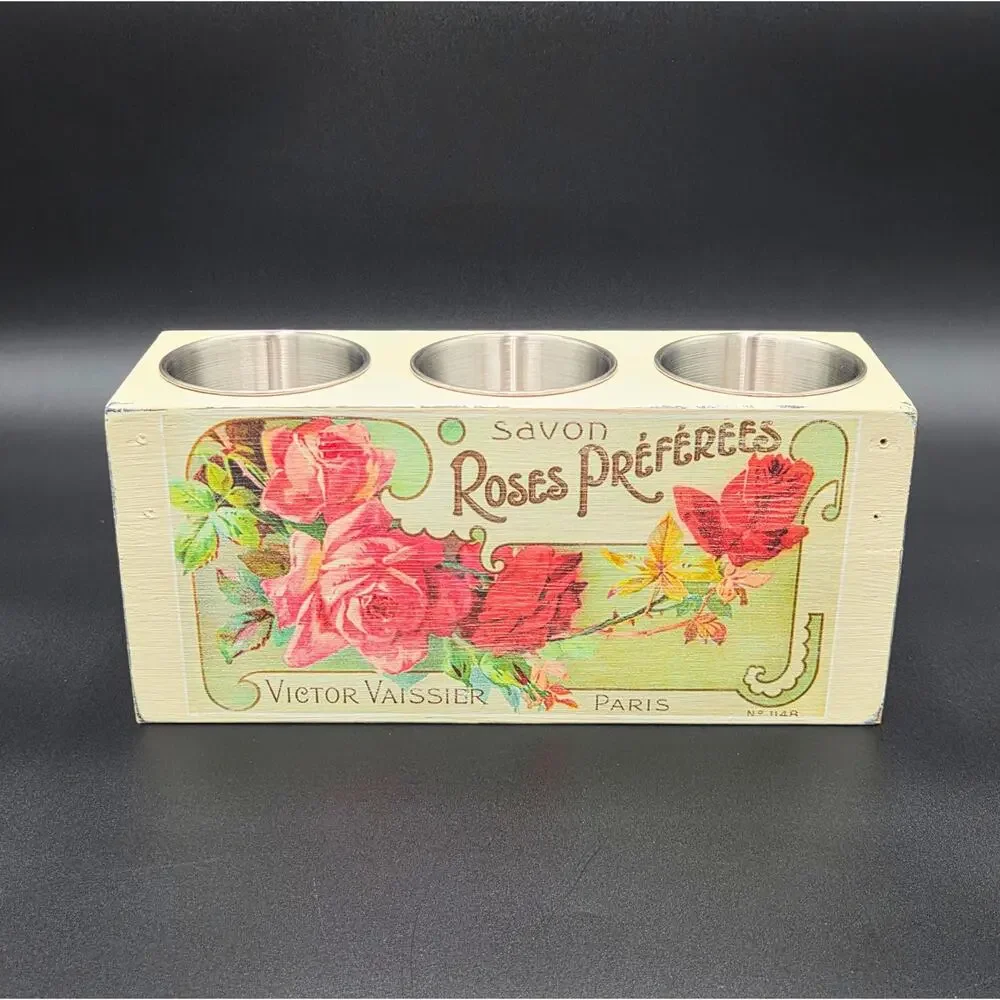 Cream Floral Wooden Desk Organizer – 3 Metal Cups & Front Storage Slot